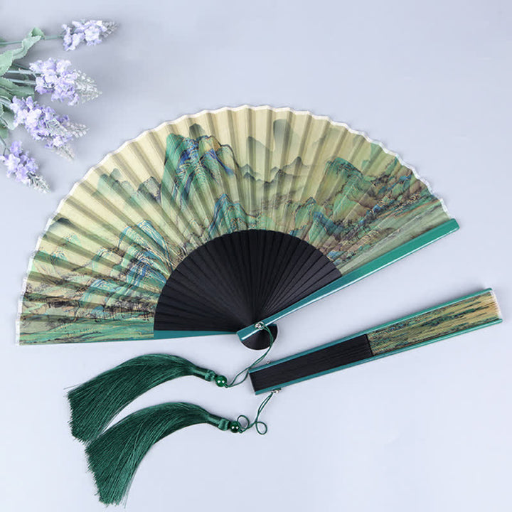 Buddha Stones Bamboo Landscape Ink Painting Folding Fan - image 2