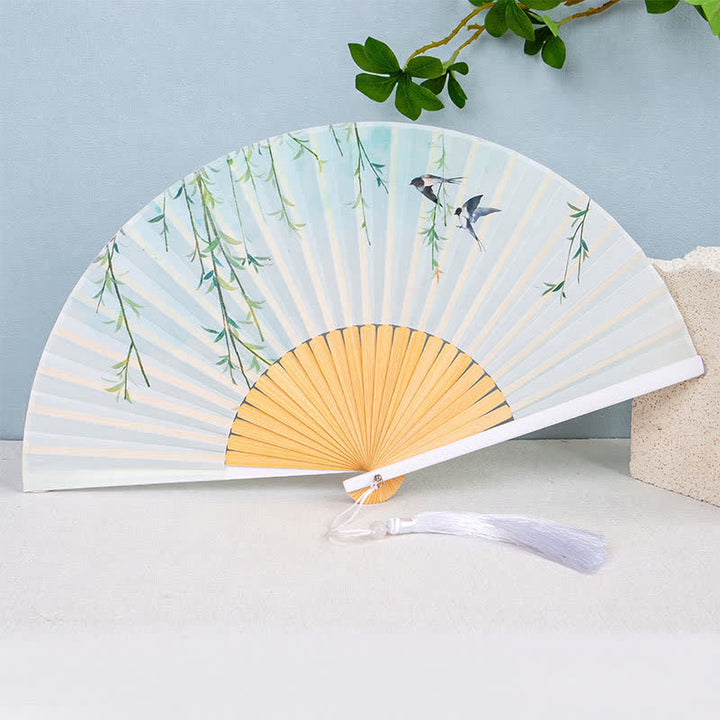Buddha Stones Bamboo Butterfly Bird Lotus Flowers Blossom Foldable Handheld Fan - White Handle Willow Leaves - image 4