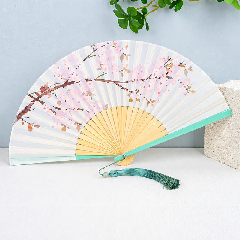 Buddha Stones Bamboo Butterfly Bird Lotus Flowers Blossom Foldable Handheld Fan - Peach Blossoms - image 1