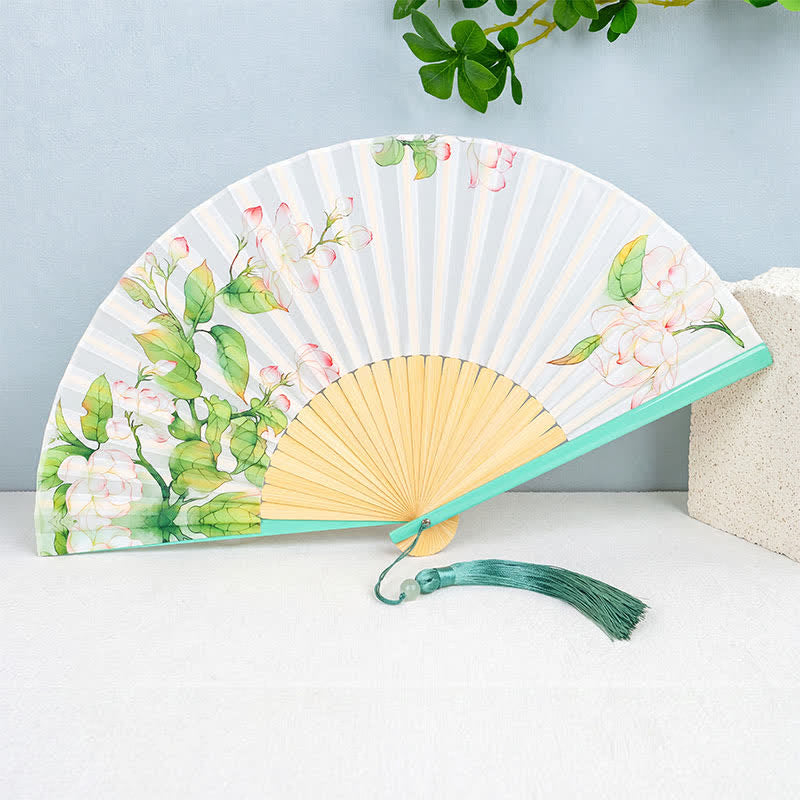 Buddha Stones Bamboo Butterfly Bird Lotus Flowers Blossom Foldable Handheld Fan - Magnolia Flowers - image 0