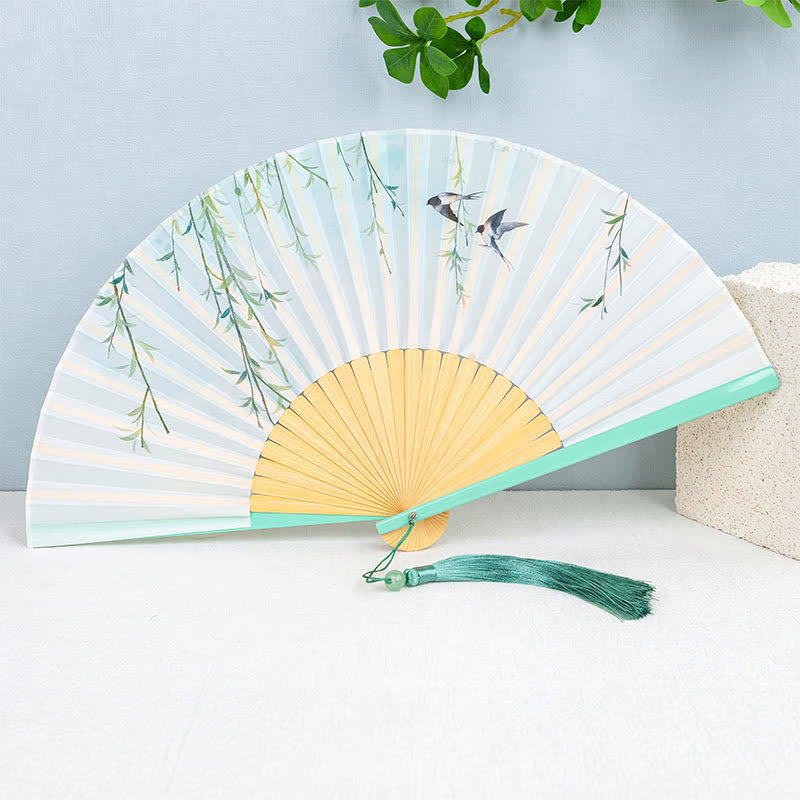 Buddha Stones Bamboo Butterfly Bird Lotus Flowers Blossom Foldable Handheld Fan - Green Handle Willow Leaves - image 8