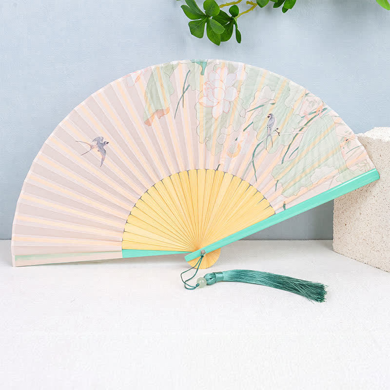 Buddha Stones Bamboo Butterfly Bird Lotus Flowers Blossom Foldable Handheld Fan - Lotus Flowers - image 2