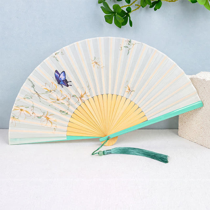 Buddha Stones Bamboo Butterfly Bird Lotus Flowers Blossom Foldable Handheld Fan - Butterflies - image 5