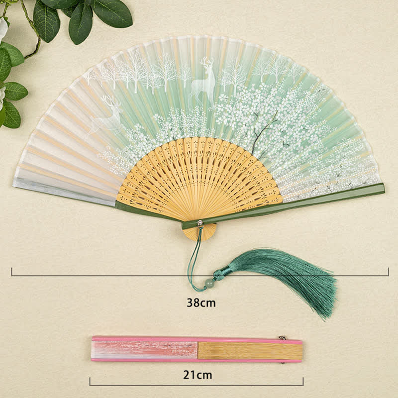 Buddha Stones Bamboo Fox Deer Forest Tassel Folding Fan - image 8