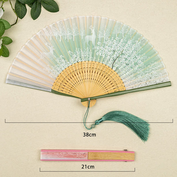Buddha Stones Bamboo Fox Deer Forest Tassel Folding Fan - image 8