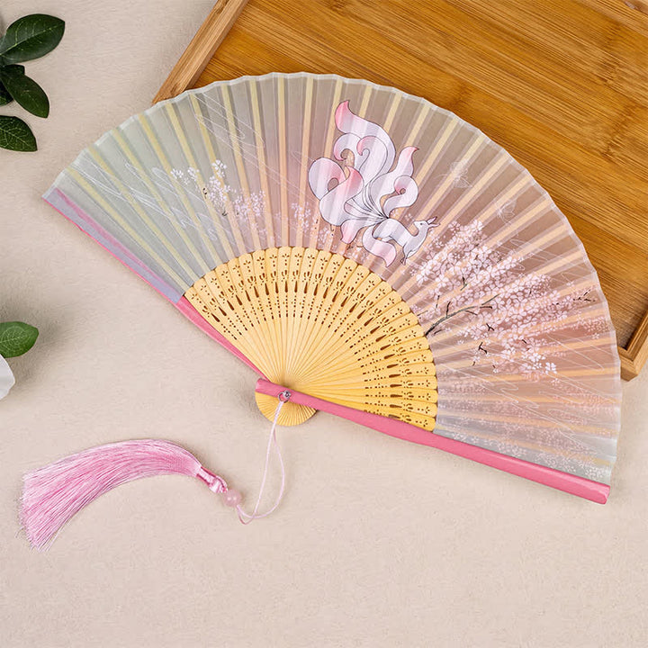 Buddha Stones Bamboo Fox Deer Forest Tassel Folding Fan - Pink Fox(Complimentary Tassel) - image 0