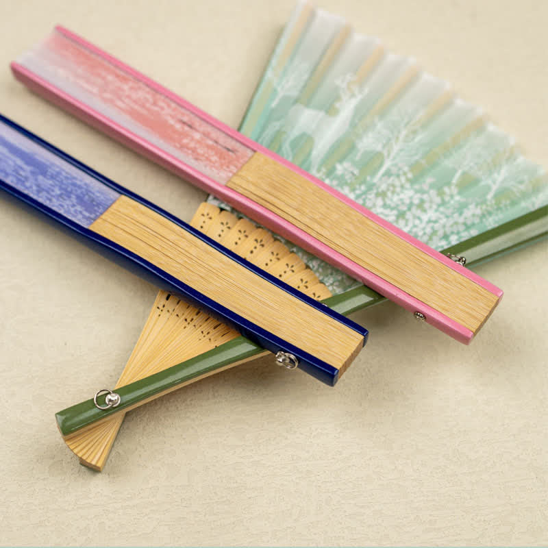 Buddha Stones Bamboo Fox Deer Forest Tassel Folding Fan - image 13