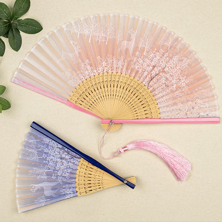 Buddha Stones Bamboo Fox Deer Forest Tassel Folding Fan - image 11
