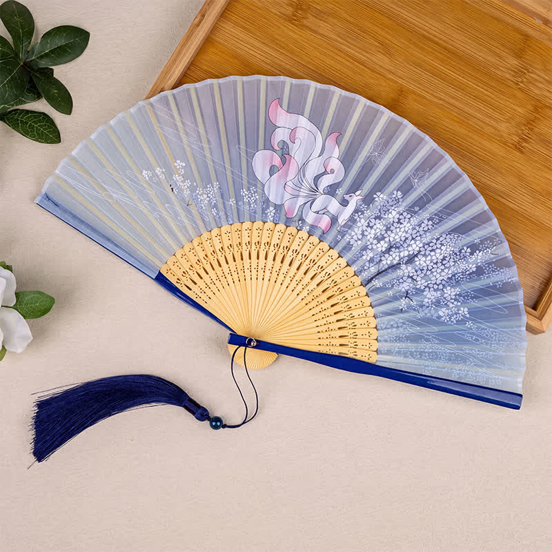 Buddha Stones Bamboo Fox Deer Forest Tassel Folding Fan - Blue Fox(Complimentary Tassel) - image 1