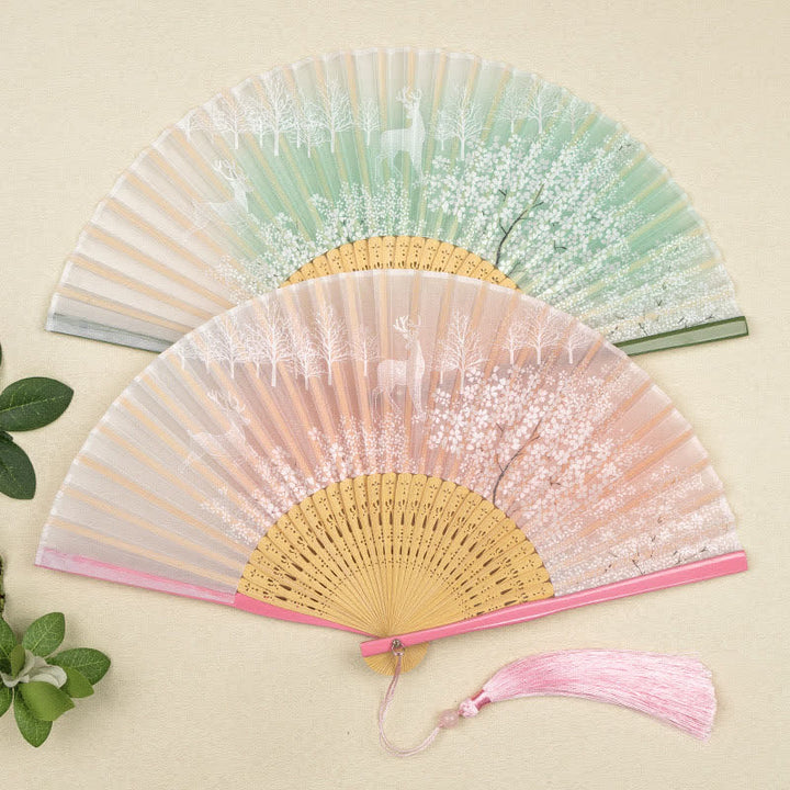 Buddha Stones Bamboo Fox Deer Forest Tassel Folding Fan - image 9