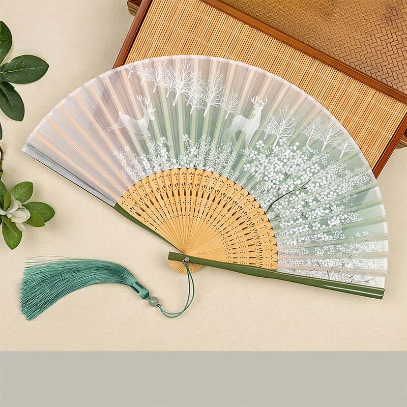 Buddha Stones Bamboo Fox Deer Forest Tassel Folding Fan - Green Deer(Complimentary Tassel) - image 7