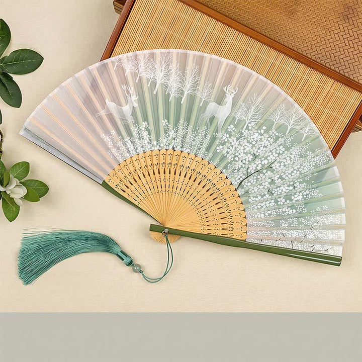 Buddha Stones Bamboo Fox Deer Forest Tassel Folding Fan - Green Deer(Complimentary Tassel) - image 7