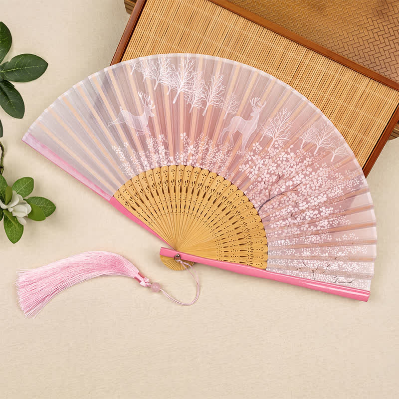 Buddha Stones Bamboo Fox Deer Forest Tassel Folding Fan - Pink Deer(Complimentary Tassel) - image 4