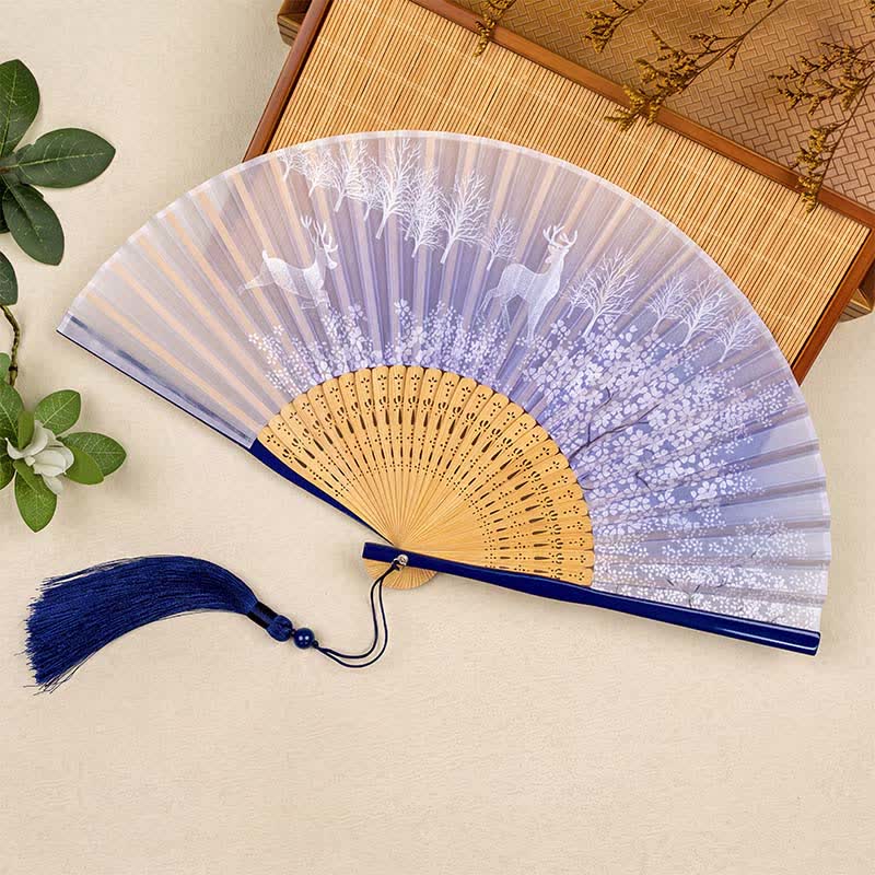 Buddha Stones Bamboo Fox Deer Forest Tassel Folding Fan - Blue Deer(Complimentary Tassel) - image 6