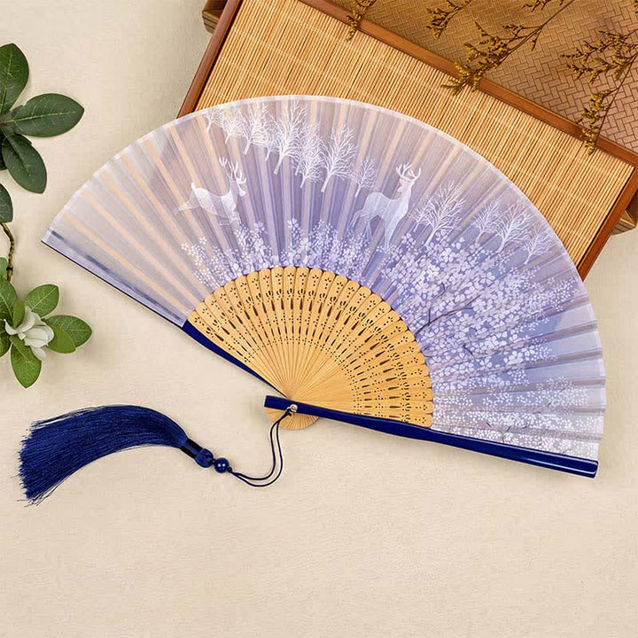 Buddha Stones Bamboo Fox Deer Forest Tassel Folding Fan - Blue Deer(Complimentary Tassel) - image 6