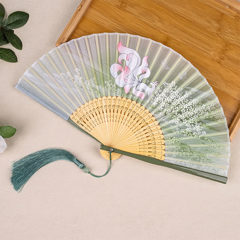 Buddha Stones Bamboo Fox Deer Forest Tassel Folding Fan - Green Fox(Complimentary Tassel) - image 2