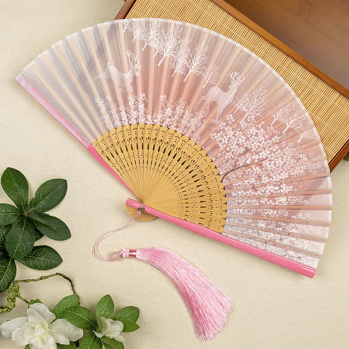 Buddha Stones Bamboo Fox Deer Forest Tassel Folding Fan - image 5