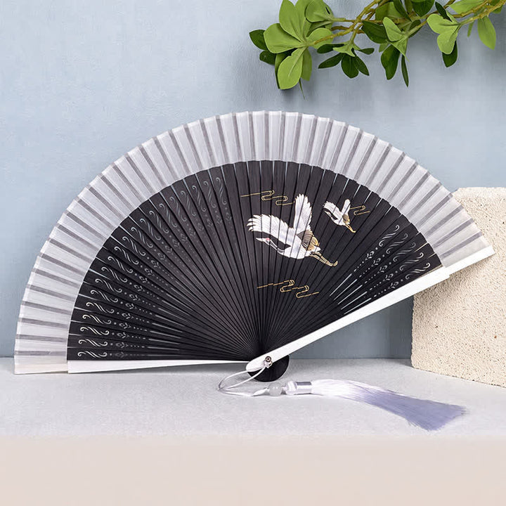 Buddha Stones Bamboo Mountain Crane Graceful Folding Fan - White Handle Crane - image 3
