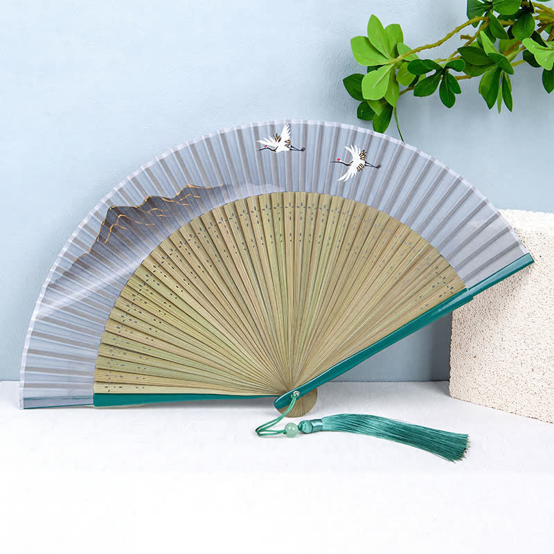 Buddha Stones Bamboo Mountain Crane Graceful Folding Fan - White Surface Mountain - image 2