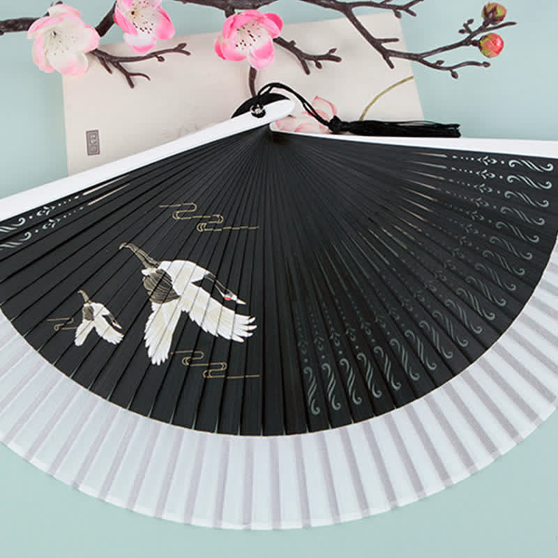 Buddha Stones Bamboo Mountain Crane Graceful Folding Fan - image 4