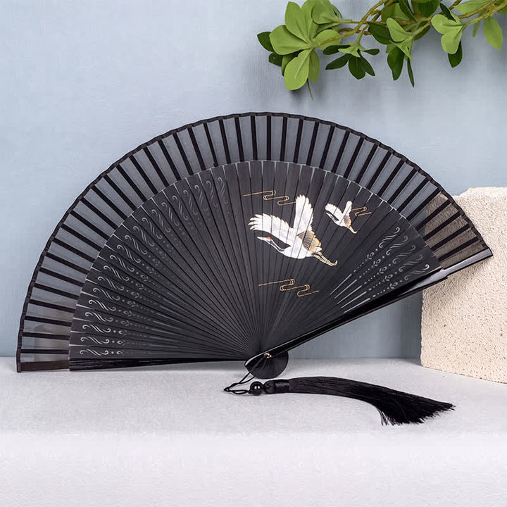 Buddha Stones Bamboo Mountain Crane Graceful Folding Fan - Black Handle Crane - image 7