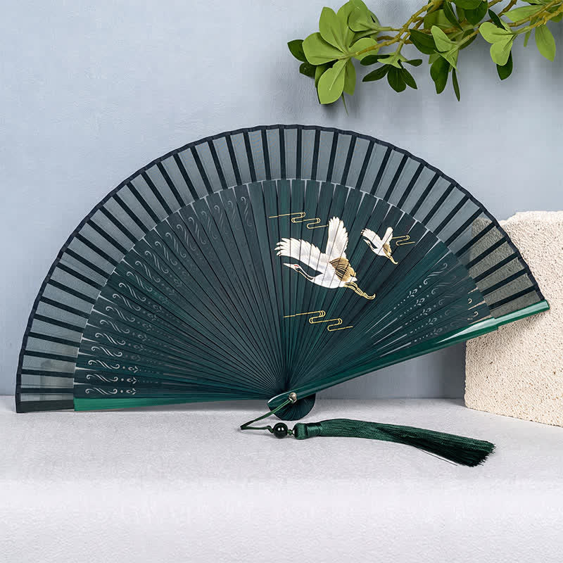 Buddha Stones Bamboo Mountain Crane Graceful Folding Fan - Green Handle Crane - image 8