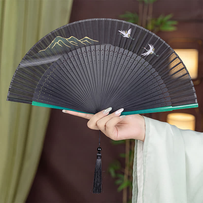 Buddha Stones Bamboo Mountain Crane Graceful Folding Fan - Green Handle Mountain - image 1