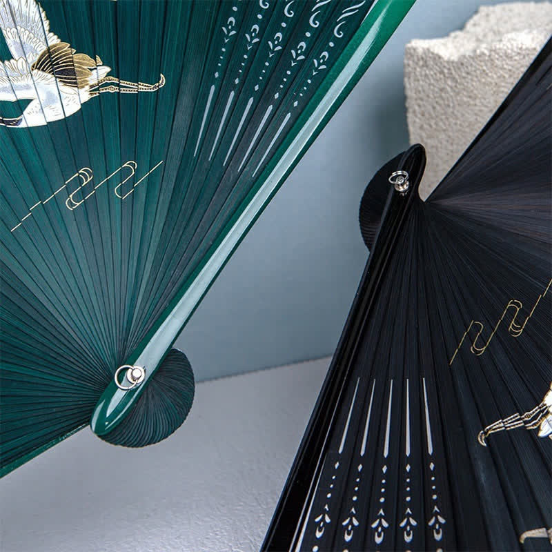 Buddha Stones Bamboo Mountain Crane Graceful Folding Fan - image 12