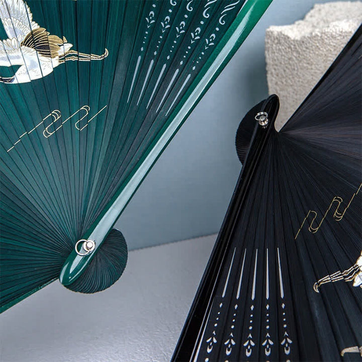 Buddha Stones Bamboo Mountain Crane Graceful Folding Fan - image 12