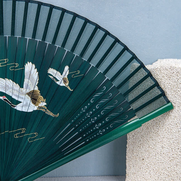 Buddha Stones Bamboo Mountain Crane Graceful Folding Fan - image 9