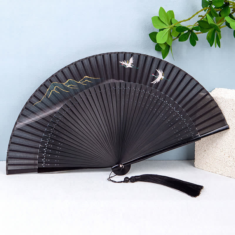 Buddha Stones Bamboo Mountain Crane Graceful Folding Fan - Black Handle Mountain - image 0