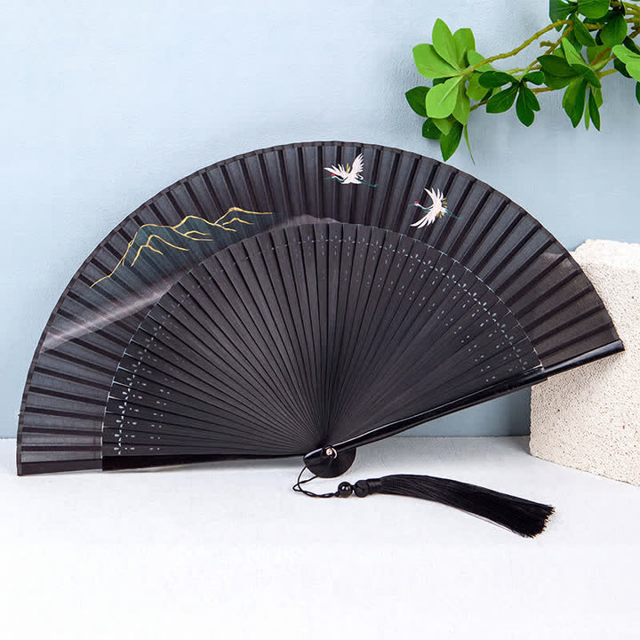 Buddha Stones Bamboo Mountain Crane Graceful Folding Fan - Black Handle Mountain - image 0