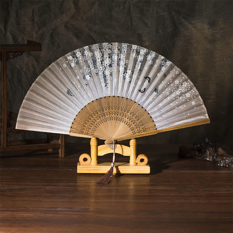 Buddha Stones Bamboo Butterfly Cherry Blossom Folding Fan - Brown Surface(Complimentary Tassel) - image 0