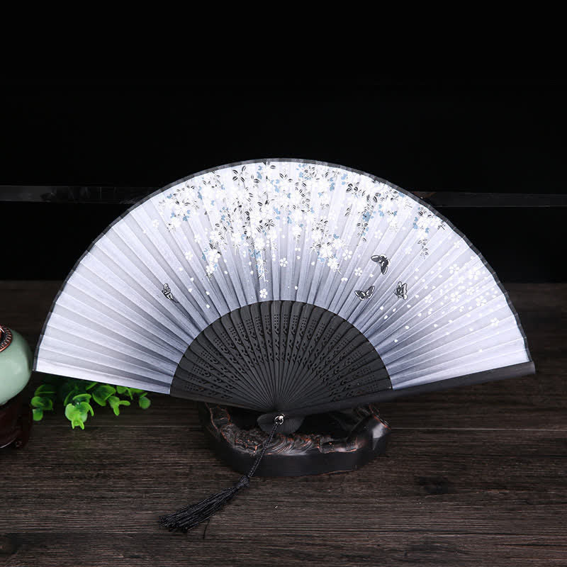 Buddha Stones Bamboo Butterfly Cherry Blossom Folding Fan - White Surface(Complimentary Tassel) - image 8