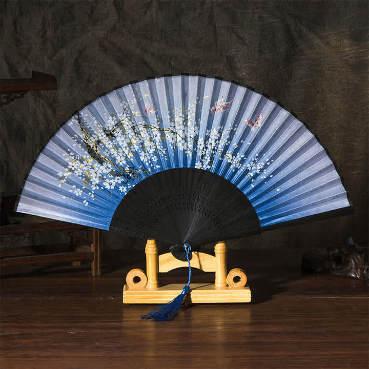 Buddha Stones Bamboo Butterfly Cherry Blossom Folding Fan - Blue Surface(Complimentary Tassel) - image 3