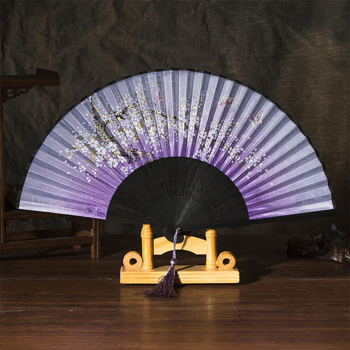 Buddha Stones Bamboo Butterfly Cherry Blossom Folding Fan - Purple Surface(Complimentary Tassel) - image 7
