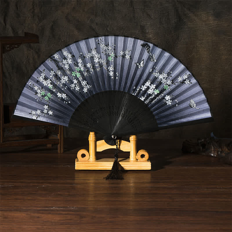 Buddha Stones Bamboo Butterfly Cherry Blossom Folding Fan - Black Surface Black Butterfly(Complimentary Tassel) - image 2
