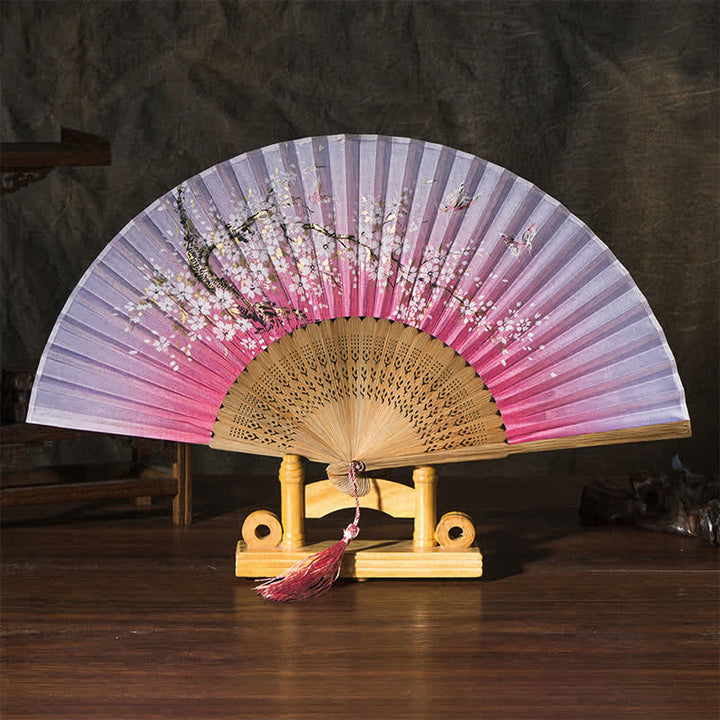 Buddha Stones Bamboo Butterfly Cherry Blossom Folding Fan - Pink Surface(Complimentary Tassel) - image 6
