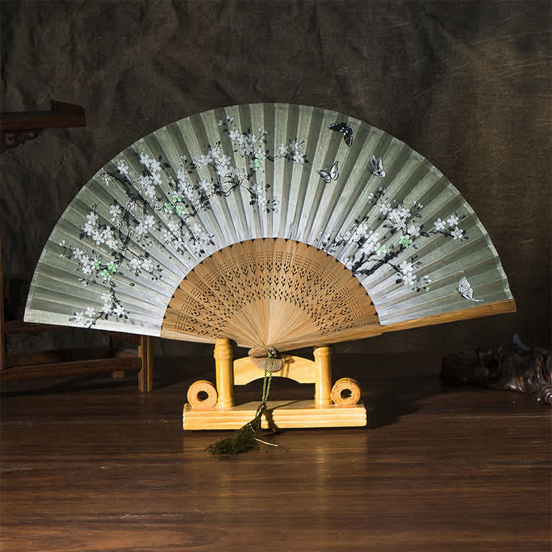 Buddha Stones Bamboo Butterfly Cherry Blossom Folding Fan - Green Surface(Complimentary Tassel) - image 1
