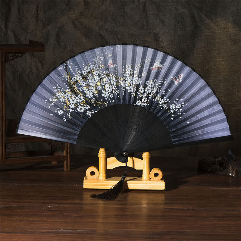Buddha Stones Bamboo Butterfly Cherry Blossom Folding Fan - Black Surface Pink Butterfly(Complimentary Tassel) - image 4
