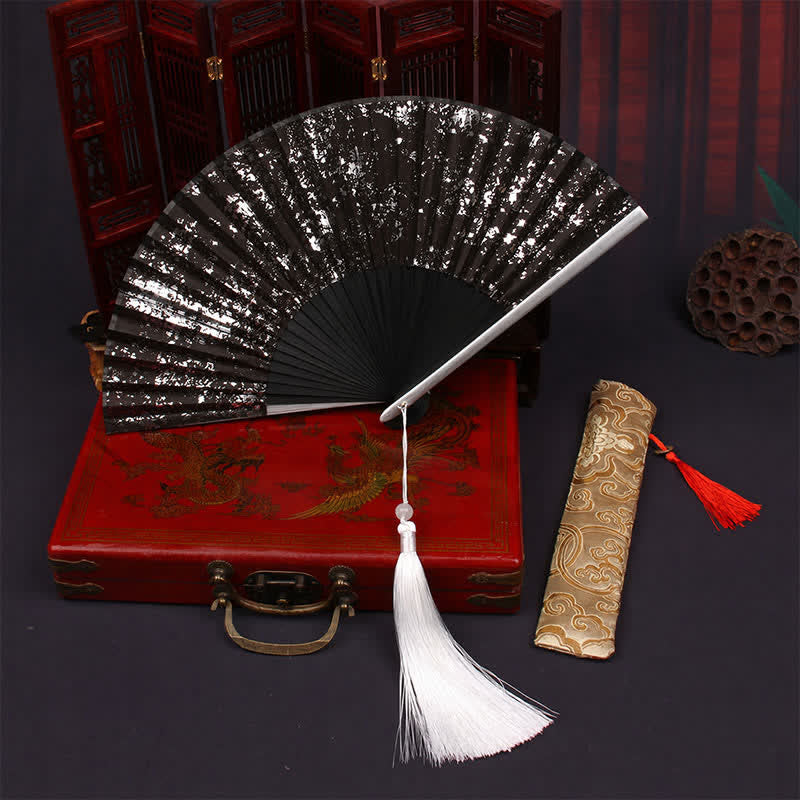 Buddha Stones Gold Speckle Pattern Bamboo Folding Fan - Silver - image 6