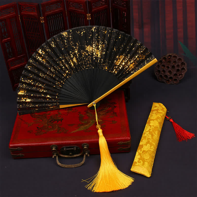 Buddha Stones Gold Speckle Pattern Bamboo Folding Fan - image 1
