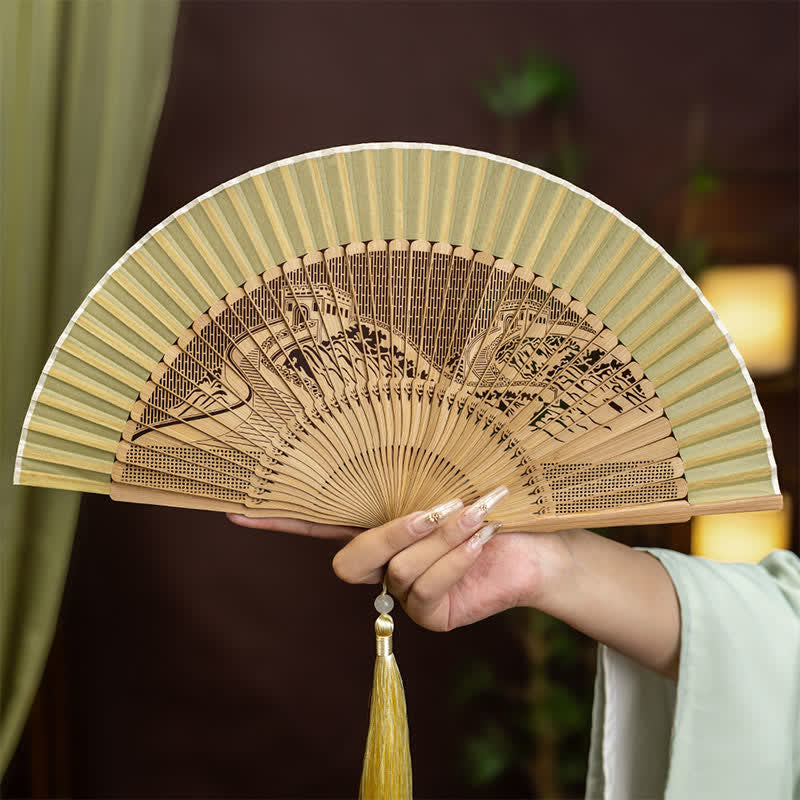 Buddha Stones Bamboo Hollow-Carved Famous Spots Landscapes Animals Tassel Folding Fan - The Great Wall Pattern(Complimentary Tassel) - image 0