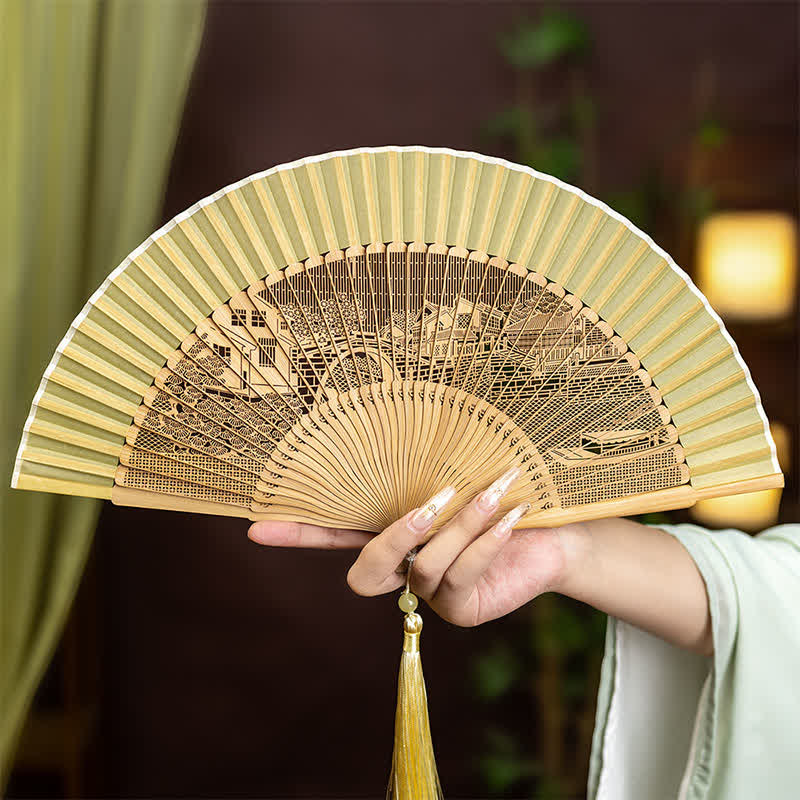 Buddha Stones Bamboo Hollow-Carved Famous Spots Landscapes Animals Tassel Folding Fan - Jiangnan Water Towns Pattern(Complimentary Tassel) - image 1