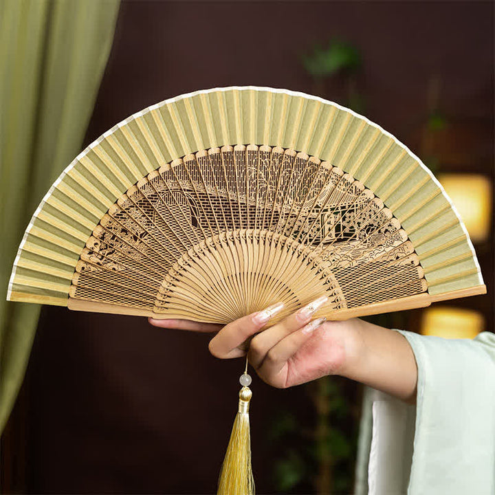 Buddha Stones Bamboo Hollow-Carved Famous Spots Landscapes Animals Tassel Folding Fan - West Lake Su Causeway Spring Dawn Pattern(Complimentary Tassel) - image 3