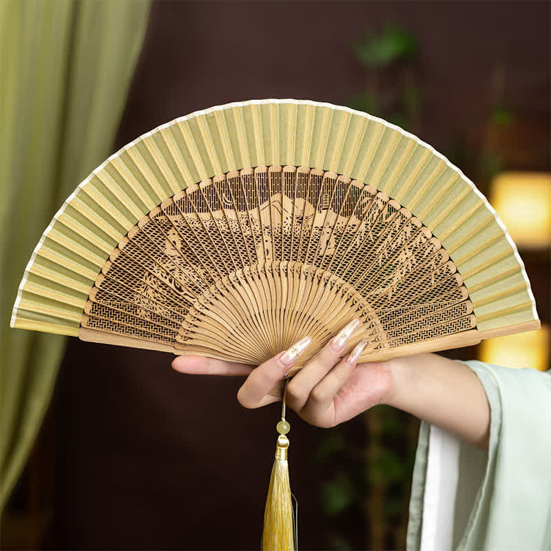 Buddha Stones Bamboo Hollow-Carved Famous Spots Landscapes Animals Tassel Folding Fan - West Lake Three Pools Mirroring The Moon Pattern(Complimentary Tassel) - image 5