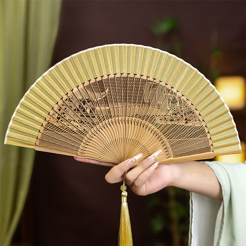 Buddha Stones Bamboo Hollow-Carved Famous Spots Landscapes Animals Tassel Folding Fan - West Lake Broken Bridge Pattern(Complimentary Tassel) - image 7