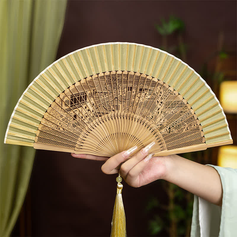 Buddha Stones Bamboo Hollow-Carved Famous Spots Landscapes Animals Tassel Folding Fan - Suzhou Hanshan Temple Pattern(Complimentary Tassel) - image 8