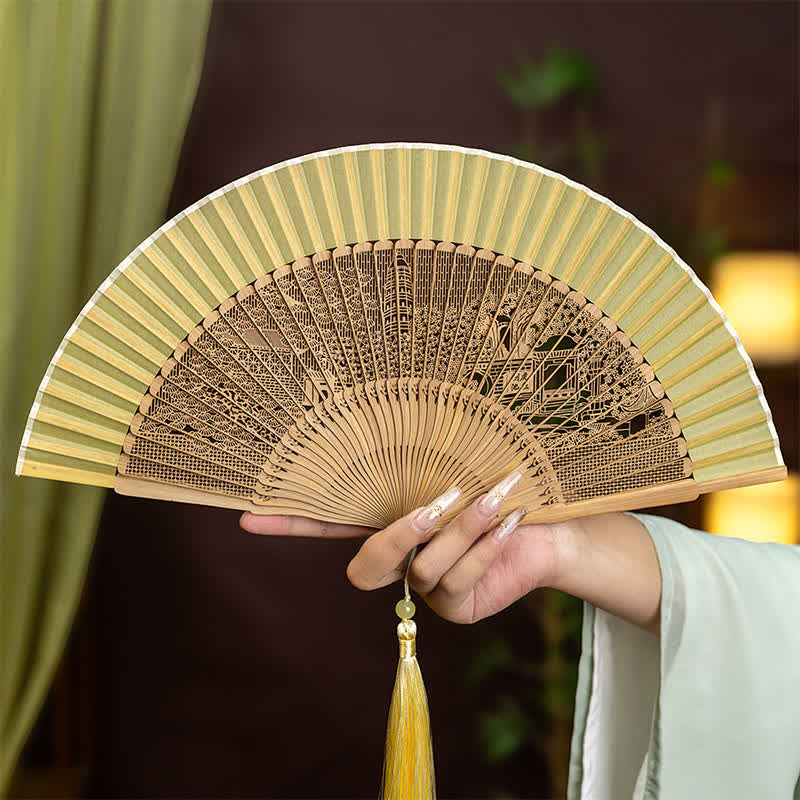 Buddha Stones Bamboo Hollow-Carved Famous Spots Landscapes Animals Tassel Folding Fan - Suzhou Tiger Hill Sword Pool(Complimentary Tassel) - image 9