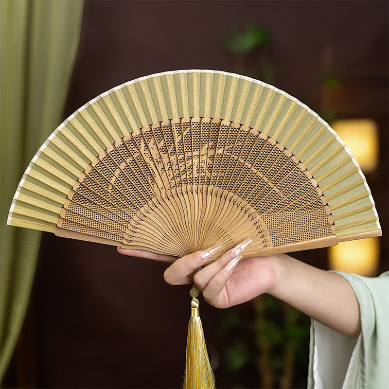 Buddha Stones Bamboo Hollow-Carved Famous Spots Landscapes Animals Tassel Folding Fan - Orchid(Complimentary Tassel) - image 10